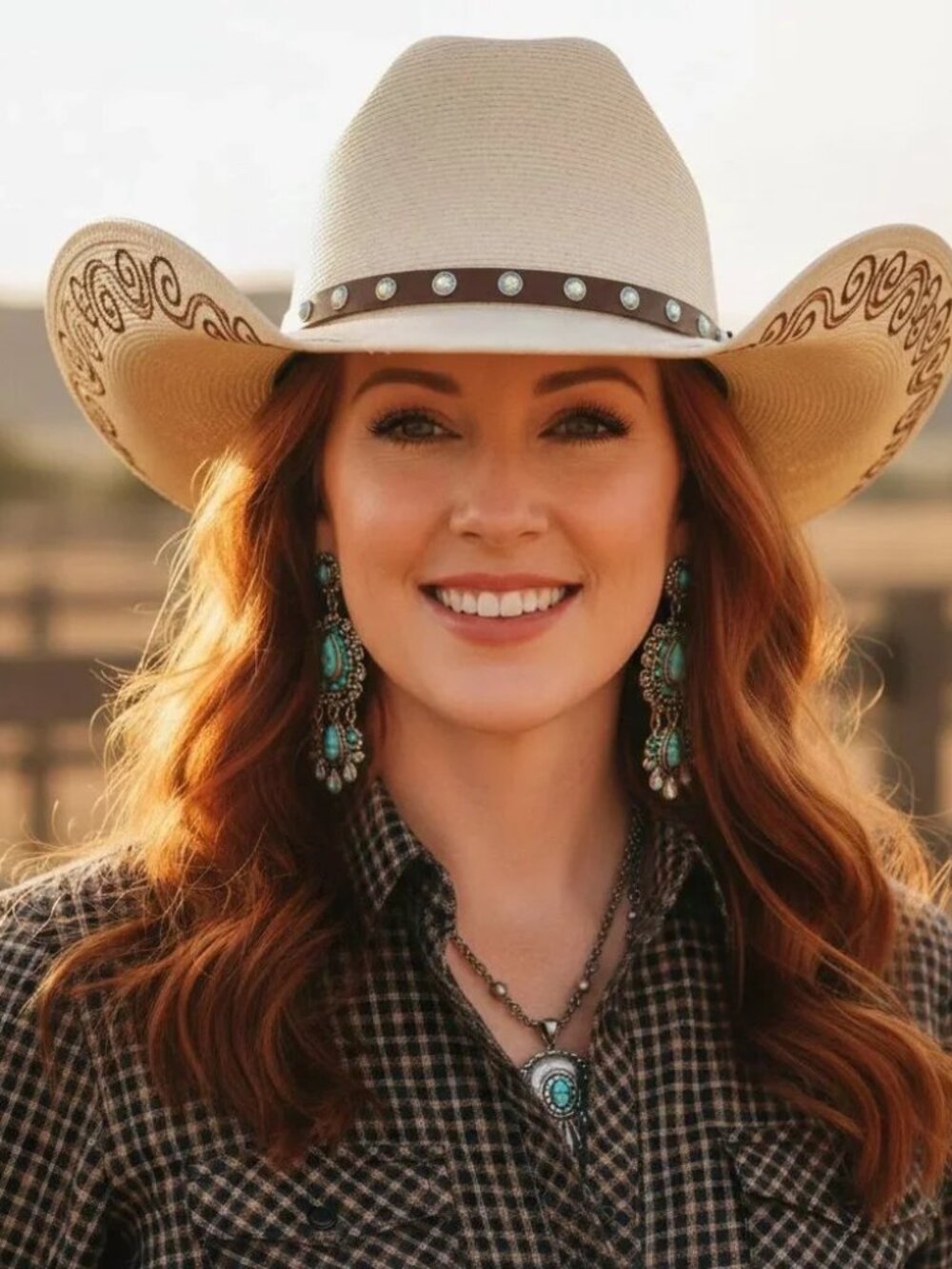 6 7/8 cowboy hat straw leather hatband bling wood-burned swirl & crystal accents